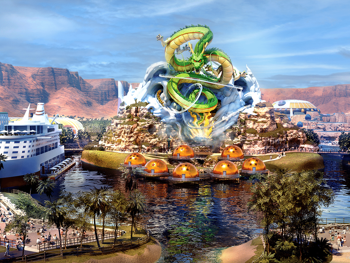 Rendering of a theme park facade made up of a green dragon bursting through clouds, atop dragon ball domes, overlooking a waterfront area